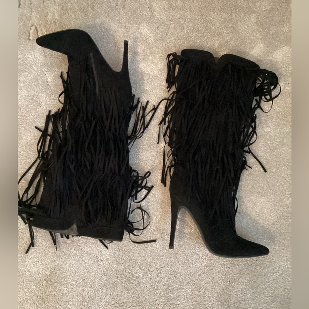 JUSTFAB Black Fringe Knee-High Boots